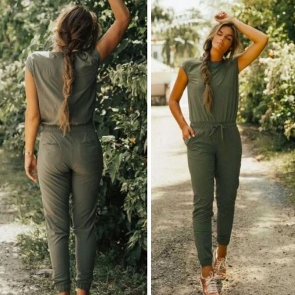 Albion Fit Cap Sleeve Active Jumpsuit Olive Green Elastic Waist Onepiece Size XS - Picture 11 of 11